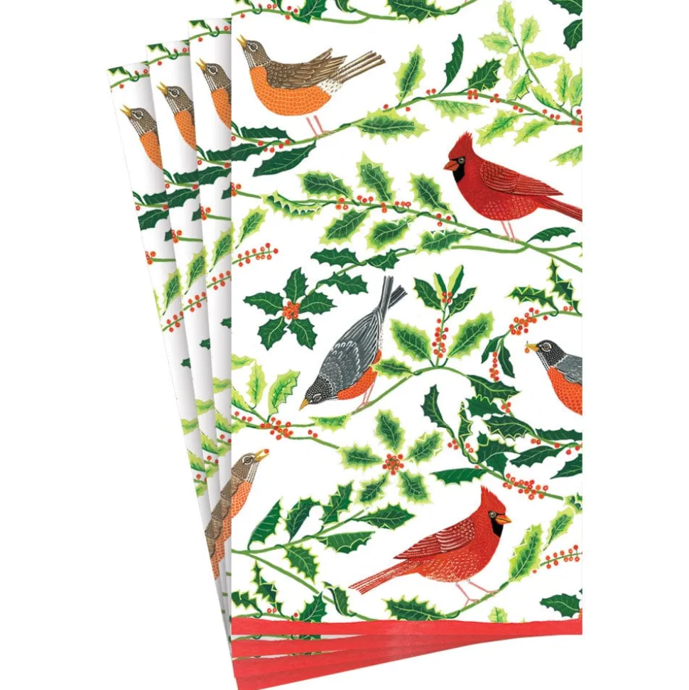 Songbirds and Holly Paper Guest Towel Napkins in White - 15 Per Package