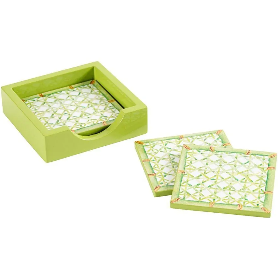 Trellis Square Lacquer Coaster in Holder - Set of 4