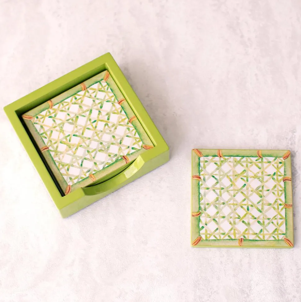 Trellis Square Lacquer Coaster in Holder - Set of 4