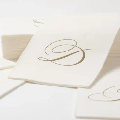 White Pearl & Gold Paper Linen Single Initial Boxed Guest Towel Napkins - 24 Per Package