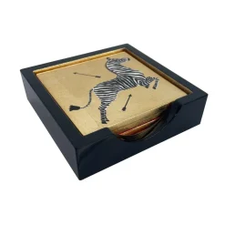 Zebras Gold Lacquer Coasters - Set Of 4 Coasters In Holder